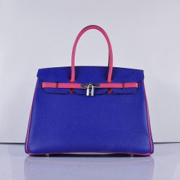 Hermes 6089 Birkin 35CM Tote Bags Navy Blue and Pink Leather Silver